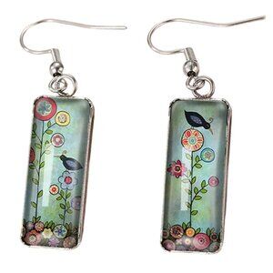 Rectangular Bird & Floral Dangle Earrings Cute! Silver Tone